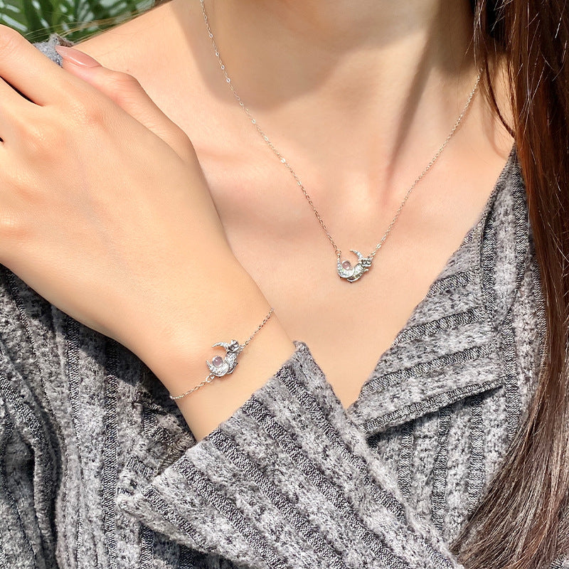 S925 Sterling Silver Rose Set Natural White Agate Star Moon Necklace Bracelet for Girlfriend Birthday Valentine's Day Gift for Women