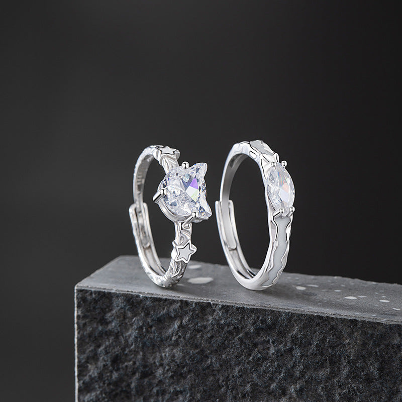 Fox 999 Pure Silver Luminous Couple Ring Men's and Women's Light Luxury High-Grade Zircon Ring Ins Wind Star Ring