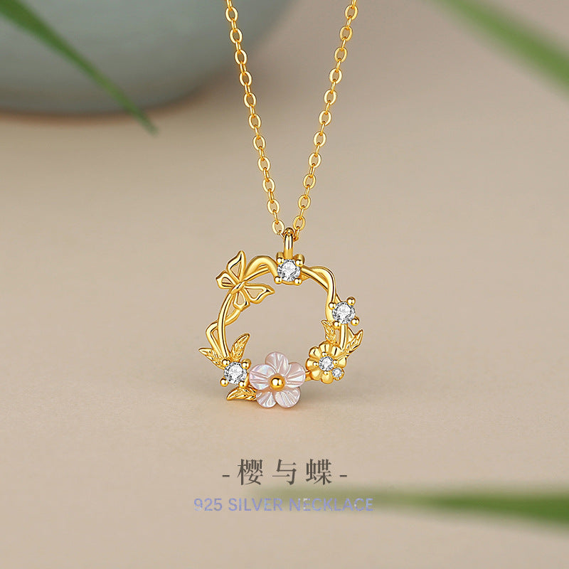 Butterfly Sterling Silver 925 Necklace Female Niche Design Light Luxury Peach Blossom Shell Clavicle Chain Ins Style Cherry Blossom Pendant