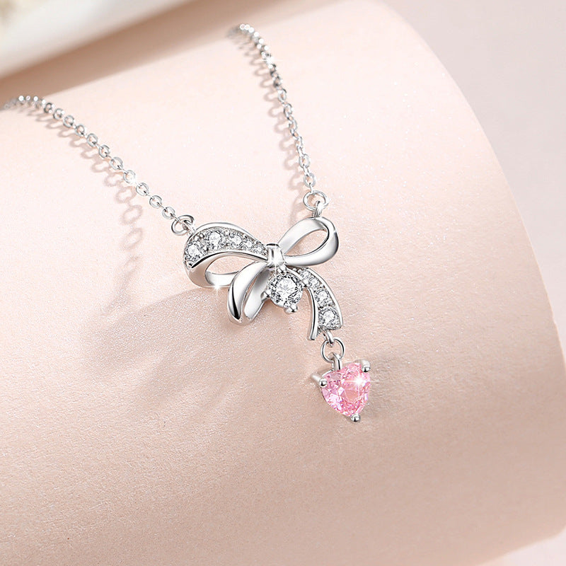 Bow Sterling Silver 925 Necklace Women's Fashion All-Match Zircon Clavicle Chain Valentine's Day Ins Style Love Pendant