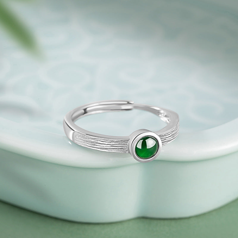 Natural Dangerous Jade Sterling Silver 925 Ring Female Niche Design Light Luxury Ring Ins High-Grade round Ring