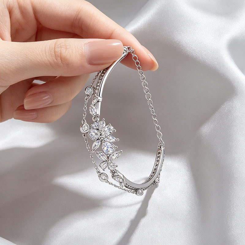S925 Sterling Silver Bracelet Women's Light Luxury Double-Layer Design Flower Bracelet Banquet High-Grade Accessories Niche Gift for Girlfriend