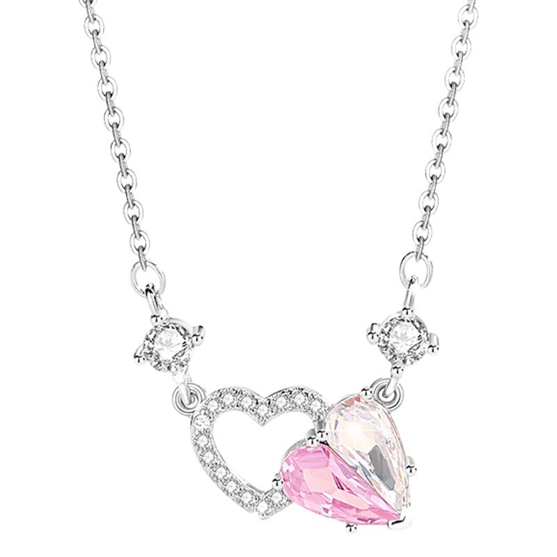 Heart-to-Heart Printed Sterling Silver 925 Necklace Female Niche Design Light Luxury Pink Diamond Clavicle Chain Ins Style Love Pendant