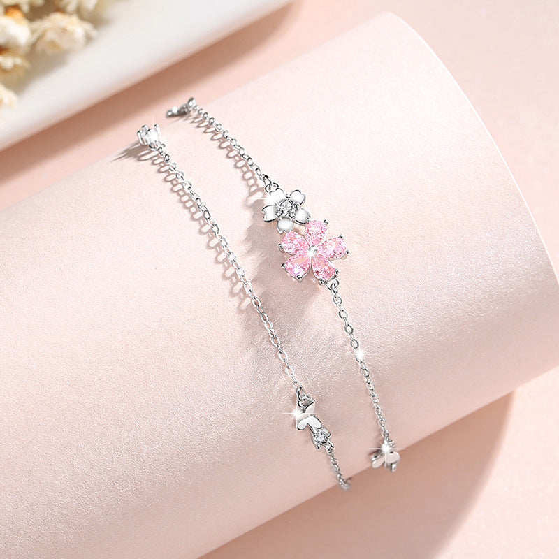Cherry Blossom Sterling Silver 925 Bracelet Women's Fashion Versatile Pink Zircon Bracelet 520 Valentine's Day Ins Flower Bracelet