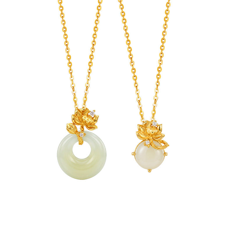 New Chinese Style S925 Sterling Silver Necklace Women's Natural Hetian Jade Lotus Pendant Elegant Valentine's Day Gift National Style Silver Jewelry