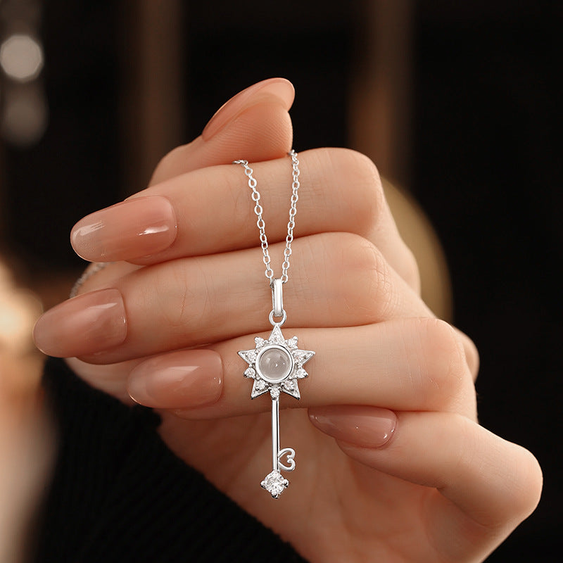 Elegant S925 Sterling Silver Necklace Women's Natural White Agate Moonstone Light Luxury Star Clavicle Chain Niche Silver Jewelry Wholesale