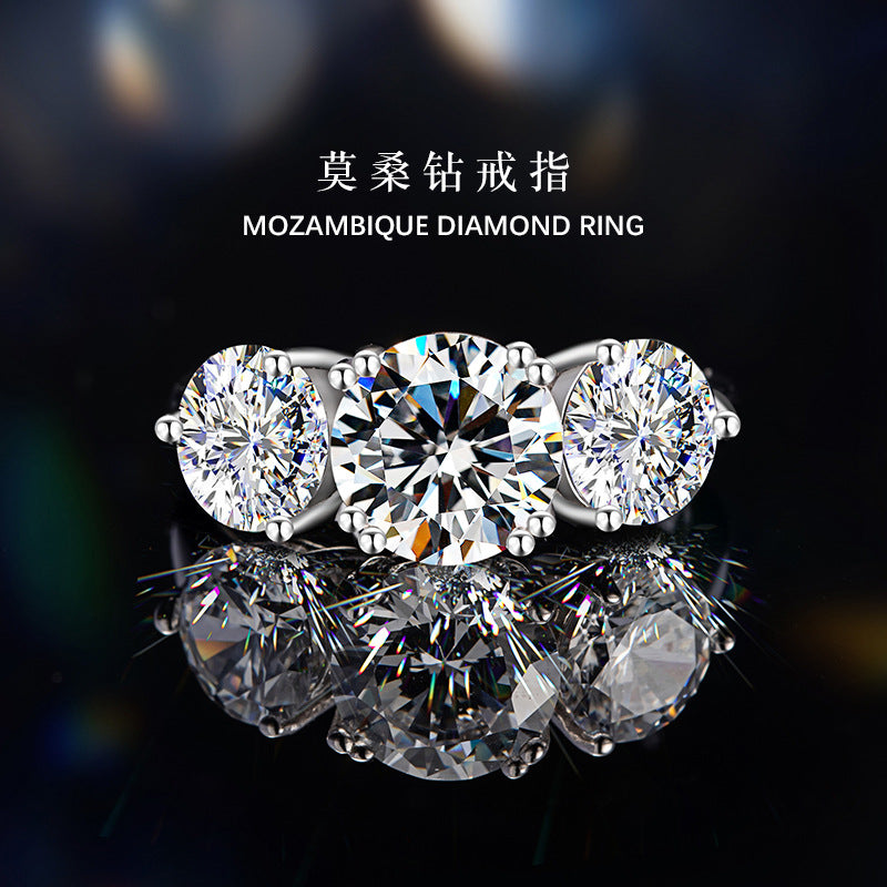Sansheng Stone Sterling Silver 925 Diamond Ring Women's Light Luxury Engagement Wedding Ring Ins Style Triple Row Ring