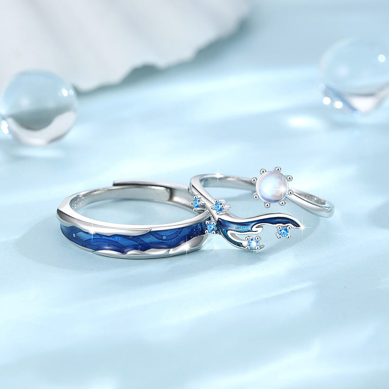 Fishtail Sterling Silver 925 Couple Ring Men and Women Niche Design Light Luxury Glass Stone Ring Ins Style Zircon Ring