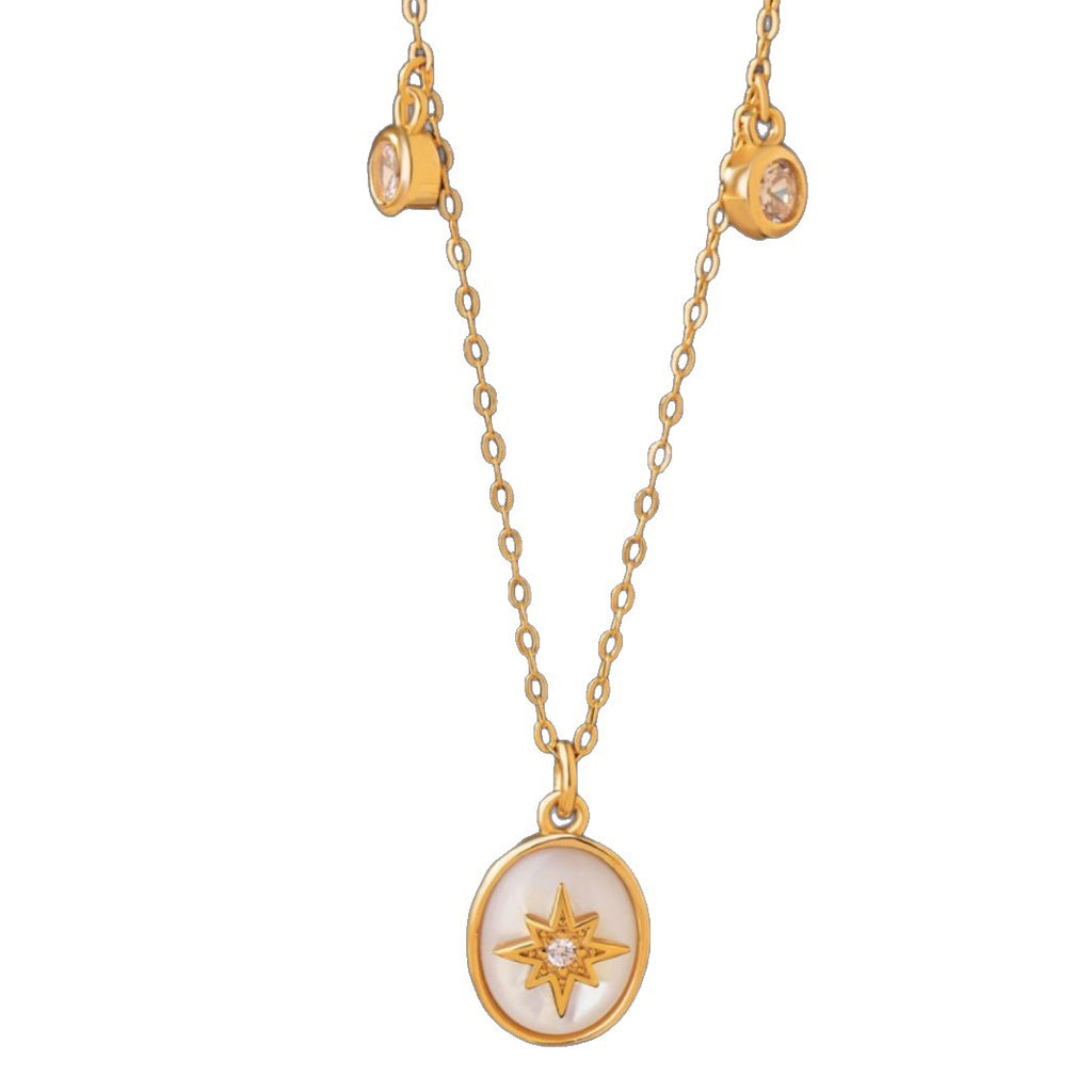 Eight Awn Star Sterling Silver 925 Necklace Women's Retro Light Luxury White Fritillary Clavicle Chain French High-Grade Star Pendant