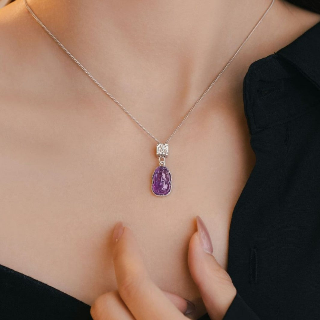 Sterling Silver 925 Necklace New Chinese Style National Fashion Natural Amethyst Clavicle Chain Ins Style Small Red Book Same Pendant