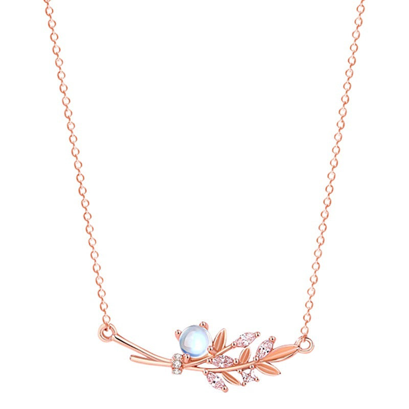 Golden Branch Jade Leaf Sterling Silver 925 Necklace Women's Niche Design Light Luxury Clavicle Chain Ins Style Zircon Branch Pendant