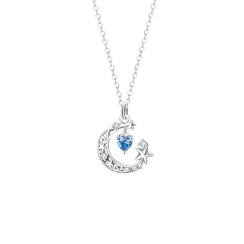 Star Sterling Silver 925 Necklace Female Niche Design Light Luxury Heart Zircon Clavicle Chain Ins Style Moon Pendant