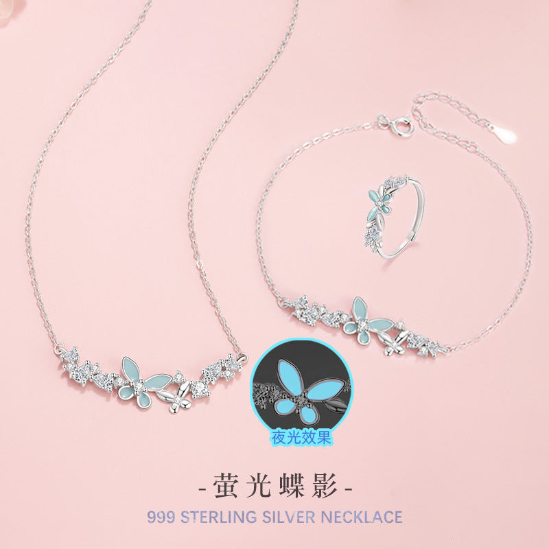 Streamer Butterfly Pure Silver 999 Luminous Ring Female Cute Sweet Style Open Adjustable Ring Ins Star Pair Ring