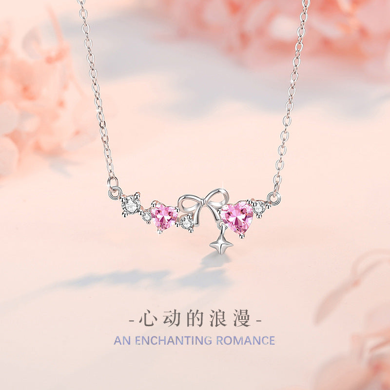 Bowknot Sterling Silver 925 Necklace Female Niche Design Light Luxury Star Tassel Clavicle Chain Ins Style Love Pendant