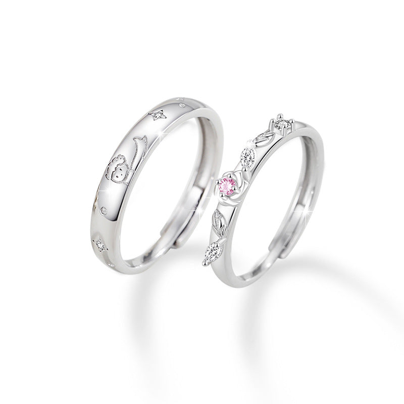 Little Prince and Rose Sterling Silver 925 Couple Ring Men and Women Fashion All-Match Pink Diamond Ring Star Pair Ring