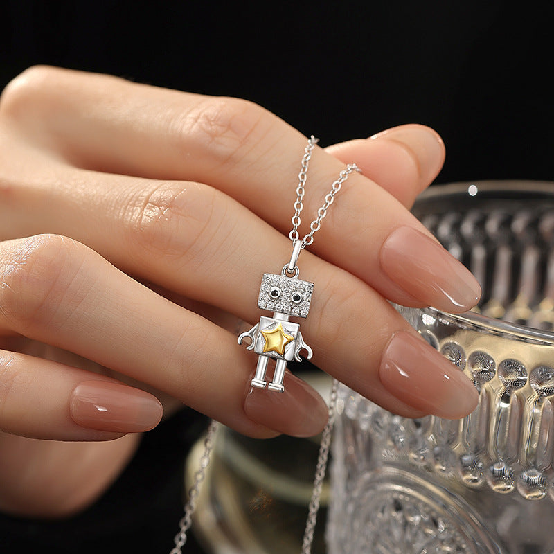 Children's Funny Robot S925 Sterling Silver Couple Necklace All-Match Niche Design Sense Clavicle Chain Student Party Personality Accessories