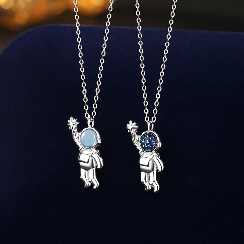 S925 Sterling Silver Astronaut Necklace Starry Sky Stone Natural Topaz Pendant Niche Clavicle Chain Silver Jewelry Factory Spot