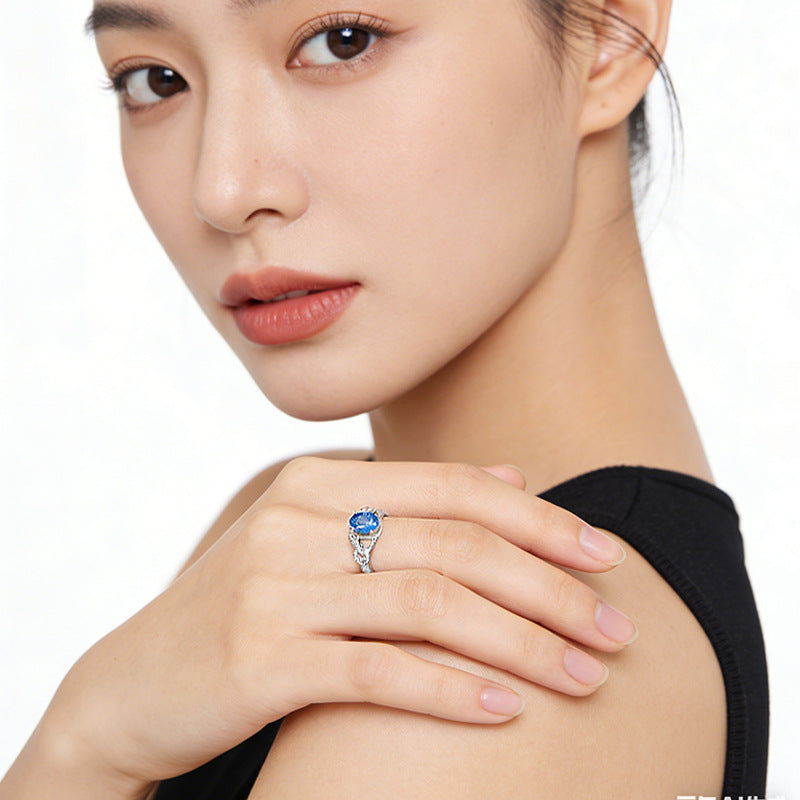 S925 Sterling Silver Ring Necklace Earrings Set Niche Design Vine Winding Blue Zircon Three-Piece Cross-Border Exclusive