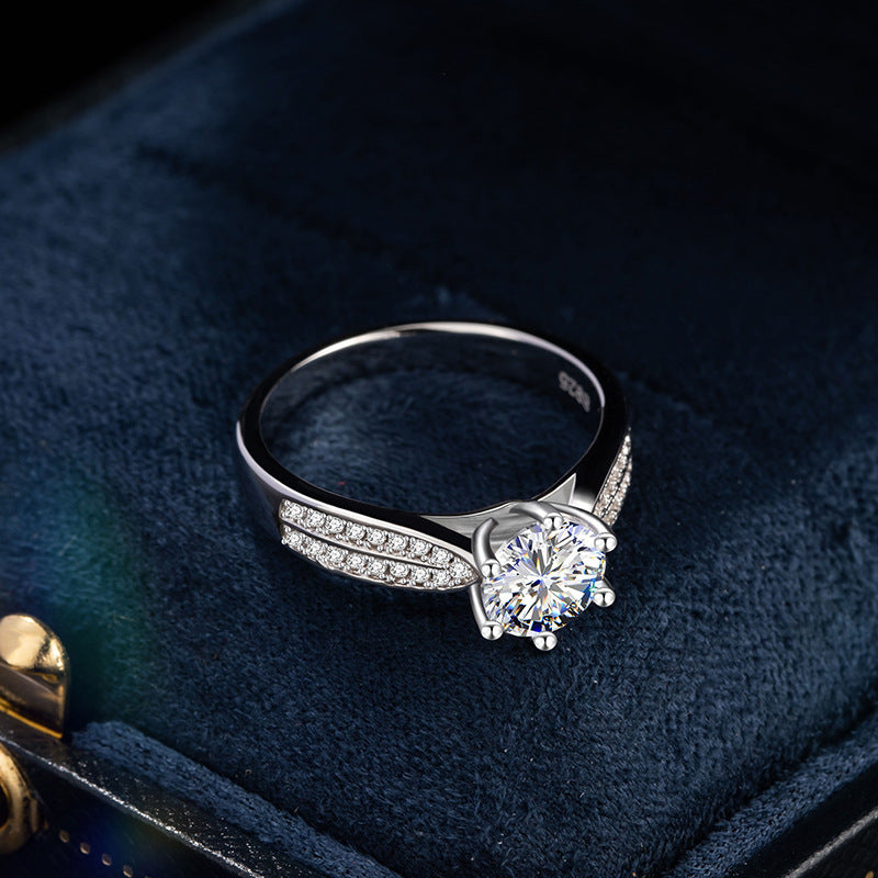 Sterling Silver S925 Diamond Ring Women's Light Luxury Fashion Moissanite Ring 1 Karat-Row Diamond Six-Claw Cross-Border Wedding Ring