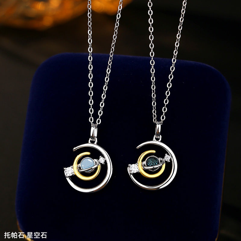 Niche S925 Sterling Silver Necklace Female Natural Topaz Astronaut Planet Clavicle Chain Couple Gift Light Luxury Silver Jewelry