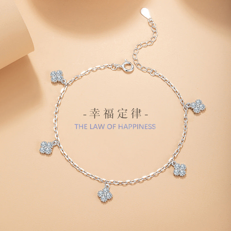Lucky Clover Sterling Silver 925 Bracelet Female Niche Design Light Luxury Zircon Petal Bracelet Ins Flower Bracelet