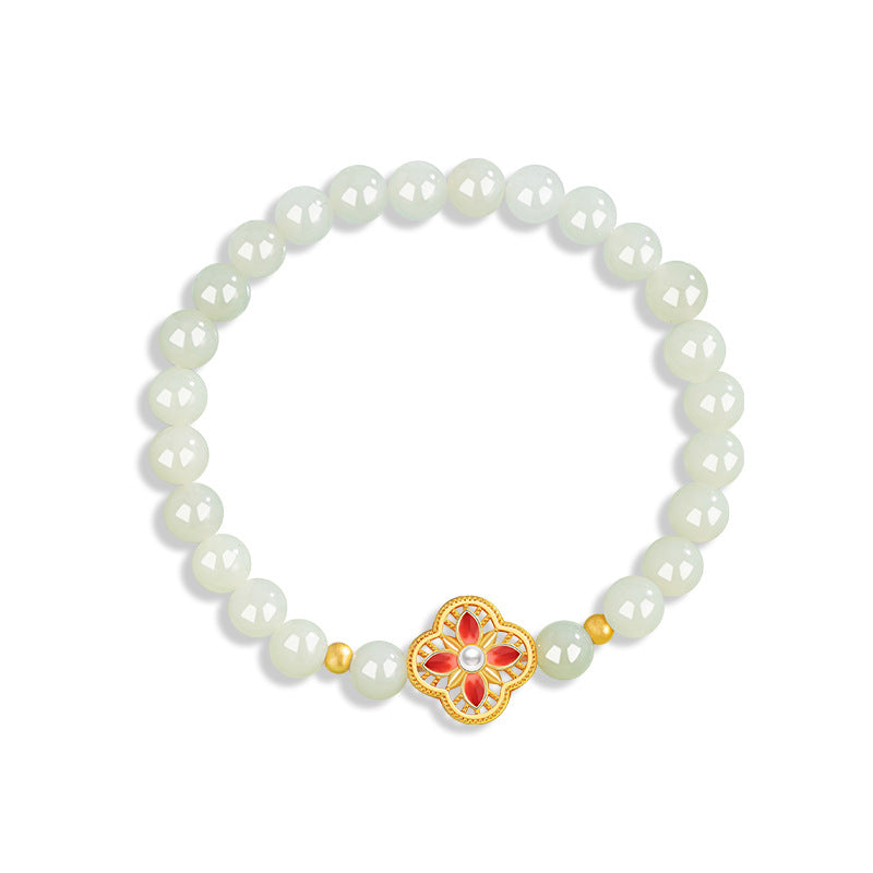 Lucky Clover Sterling Silver 925 Bracelet Female New Chinese National Fashion Natural Hetian Jade Flower Bracelet Pearl Bracelet
