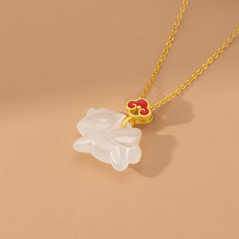 Immediately Lucky Sterling Silver 925 Necklace Female National Fashion White Agate Auspicious Clouds Ruyi Clavicle Chain Ins Style Zodiac Horse Pendant