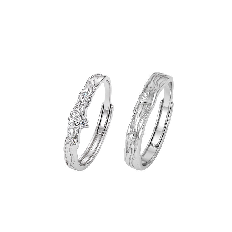 Ocean Style S925 Sterling Silver Couple Ring Advanced Relief Starfish Shell Design Jewelry Valentine's Day Gift