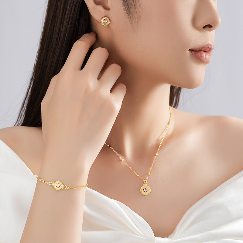 Original Love Sterling Silver 925 Necklace Women's Light Luxury High-Grade Pink Zircon Clavicle Chain Ins Heart with Your Pendant