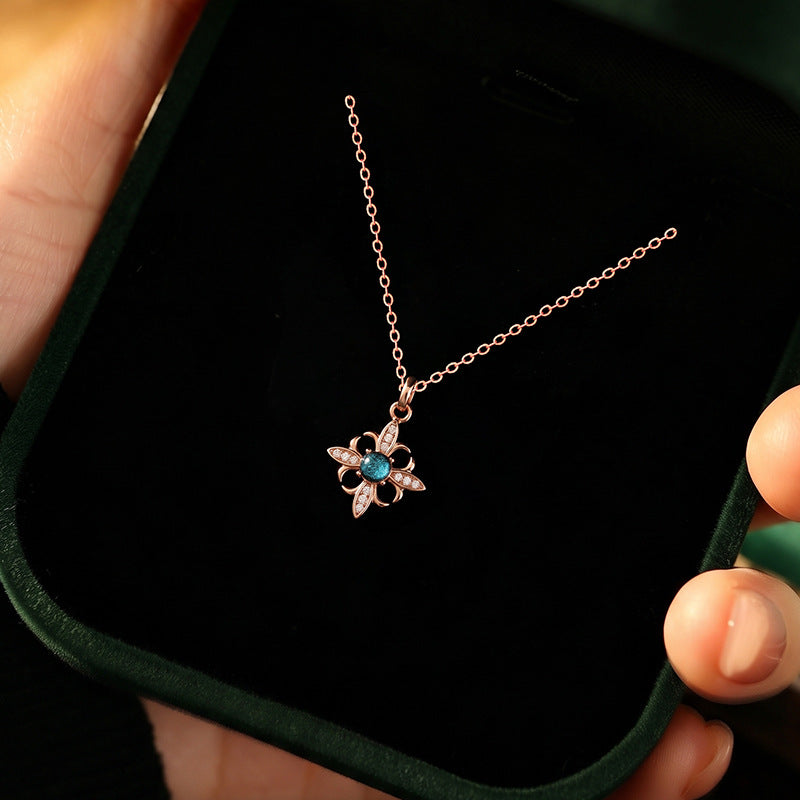 Cross-Border Hot Sale S925 Sterling Silver Necklace Female Iris Pendant Glazed Stone Flower Clavicle Chain Niche Silver Jewelry Wholesale