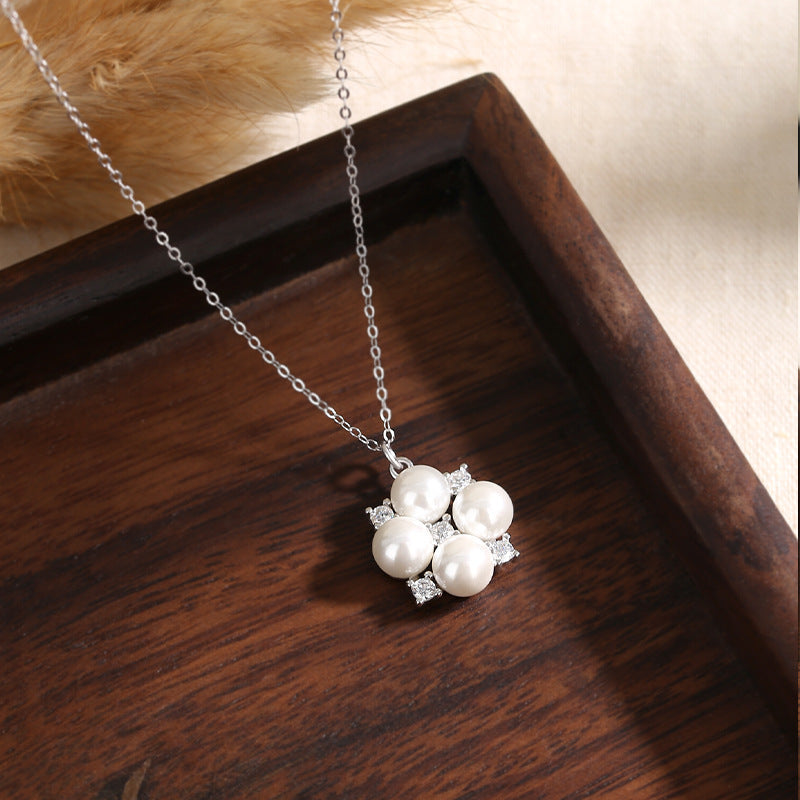 S925 Sterling Silver Clover Pearl Necklace Fresh All-Match Lucky Clavicle Chain for Girlfriend Mother's Day Gift