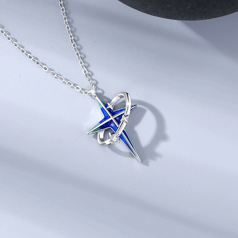 Star Sterling Silver 925 Couple Necklace Female Light Luxury Planet Zircon Clavicle Chain Get Things Ins Style Four Awn Star Pendant