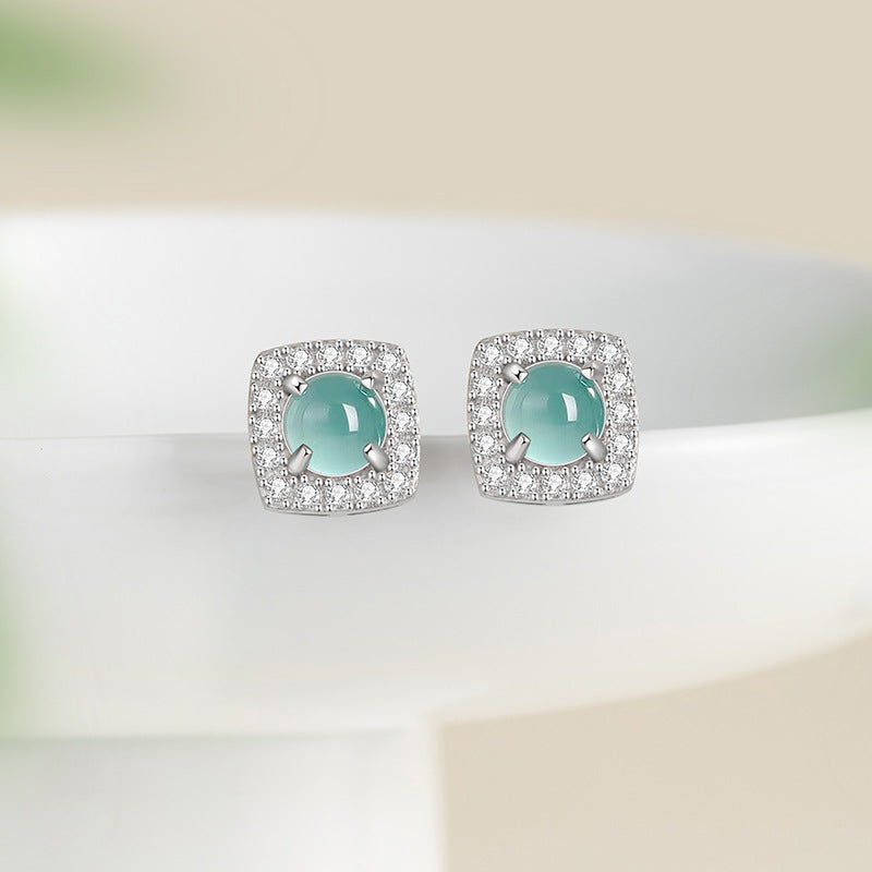 Square Sugar Sterling Silver 925 Stud Earrings Women's New Chinese Style National Fashion Natural Blue Water Dangerous Material Jade Stud Earrings Ins Style Square Earrings
