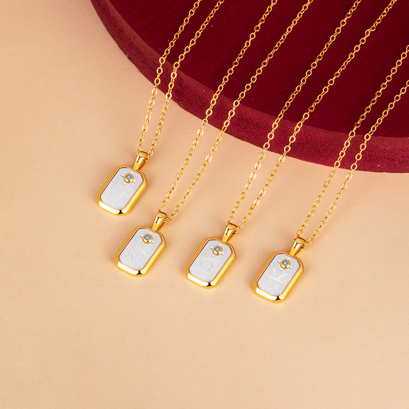European and American Cross-Border Twelve Constellation S925 Silver Necklace White Fritillary Square Pendant Birthday Stone Niche Design Necklace
