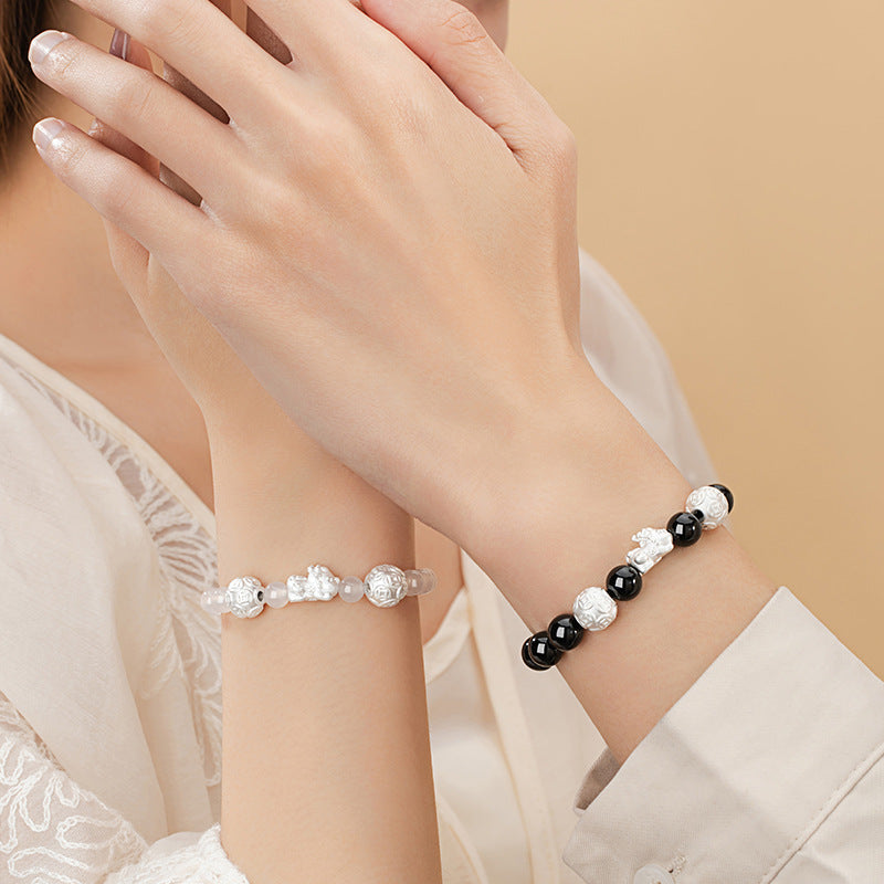 Pure Silver 999 Couple Bracelet New Chinese Style Trendy White Agate Lucky Beads Bracelet Ins Style Copper Coin Bracelet
