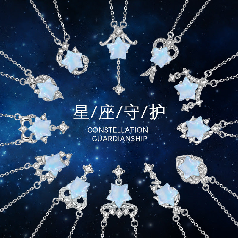 Twelve Constellation Sterling Silver 925 Necklace Female Niche Design Light Luxury Glass Stone Clavicle Chain Ins Style Star Pendant