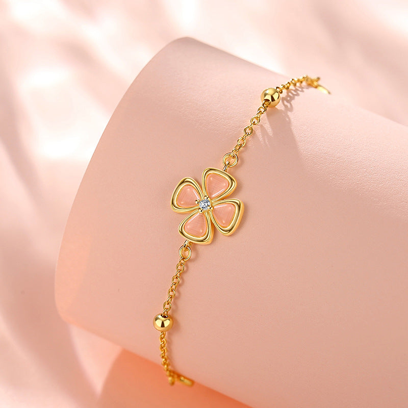 Lucky Clover Sterling Silver 925 Bracelet Female Niche Design Light Luxury Opal Bracelet Ins Style Lovely Bracelet