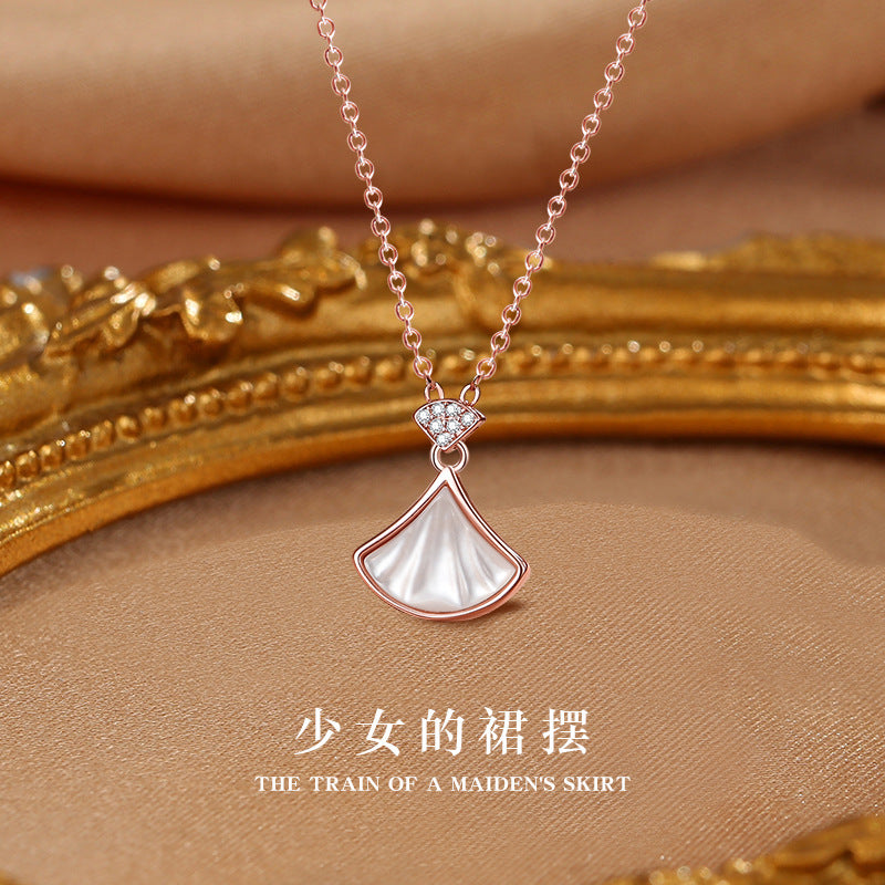 Small Skirt Sterling Silver 925 Necklace Female Niche Design Light Luxury White Fritillary Fan Clavicle Chain Zircon Shell Pendant