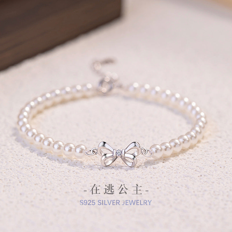 Bowknot Sterling Silver 925 Bracelet Female Niche Design Light Luxury Shijia Pearl Bracelet Ins Escape Princess Bracelet