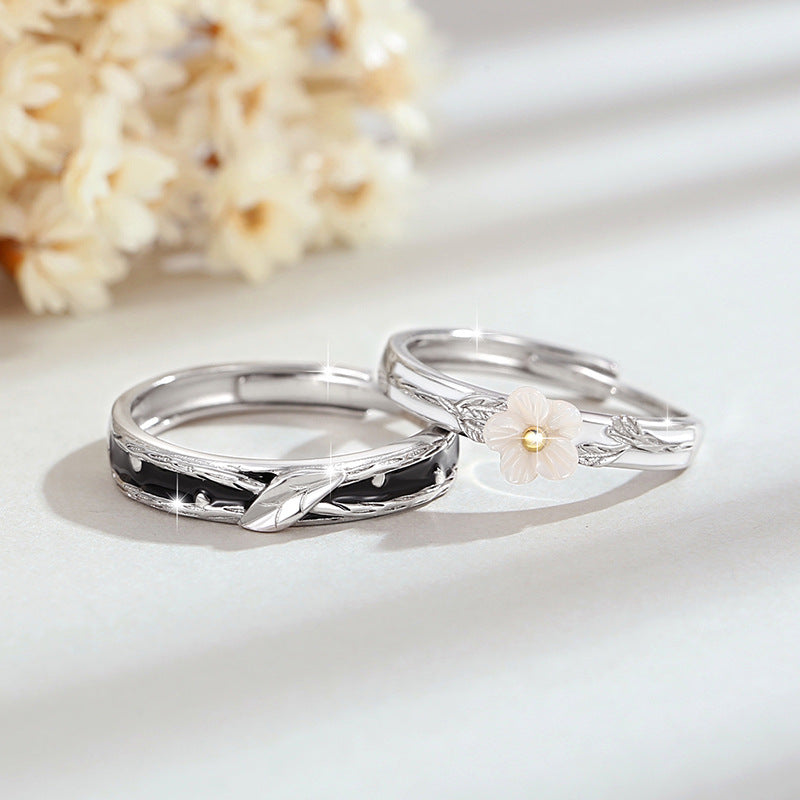 Flower Sterling Silver 925 Couple Ring Men and Women Niche Design Light Luxury Leaf Ring Thing Ins Cherry Blossom Ring