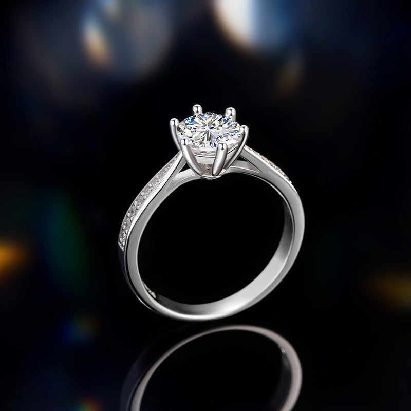 Sterling Silver 925 Diamond Ring Women's Fashion Versatile 6-Claw Moissanite Ring 1 Karat Cross-Border Wedding Ring Gift