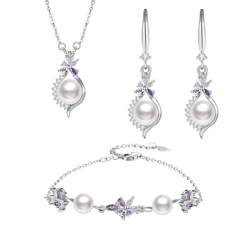 2026 New Chinese Style Wisteria Pearl Butterfly Silver Jewelry Set Women's Light Luxury Niche Necklace Bracelet Earrings Wholesale