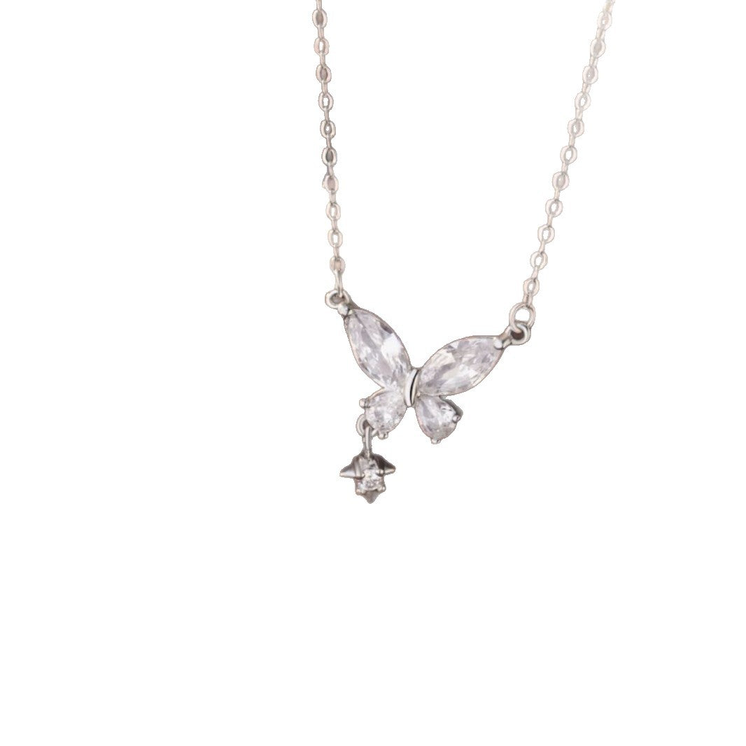 Butterfly Zircon Pure Silver 999 Necklace Women's Fashion Versatile Star Tassel Clavicle Chain Small Red Book Same Pendant