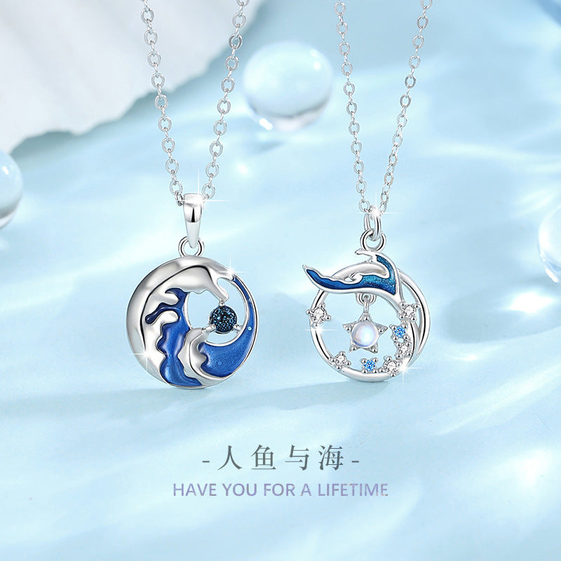 Fishtail Sterling Silver 925 Couple Necklace Men and Women Fashion All-Match Glass Stone Clavicle Chain Get Things Ins Star Pendant