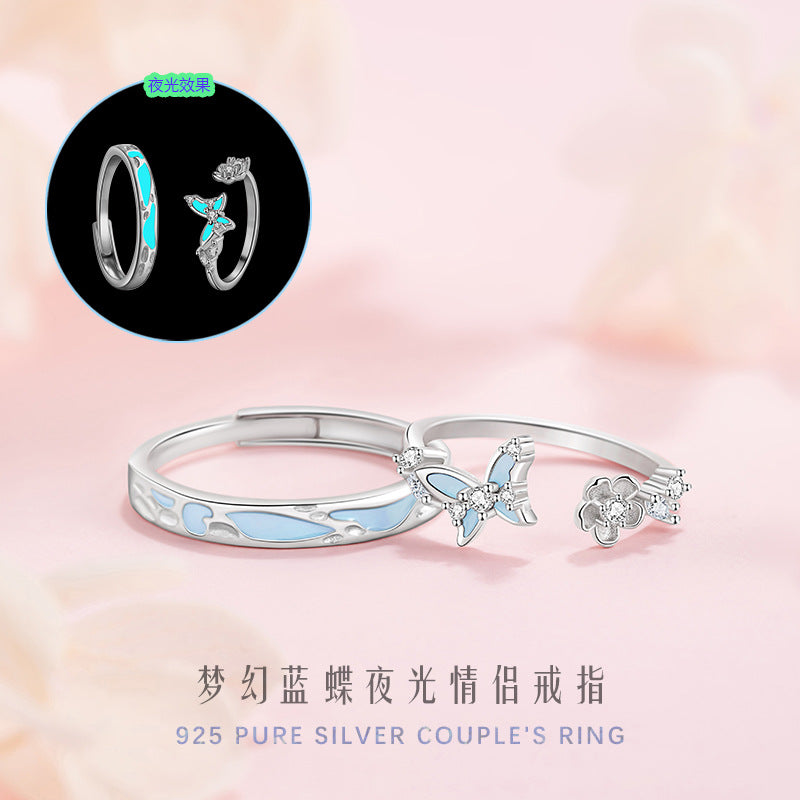 Butterfly Sterling Silver 925 Luminous Couple Ring Niche Design Light Luxury Flower Ring Ins Style Peach Blossom Ring