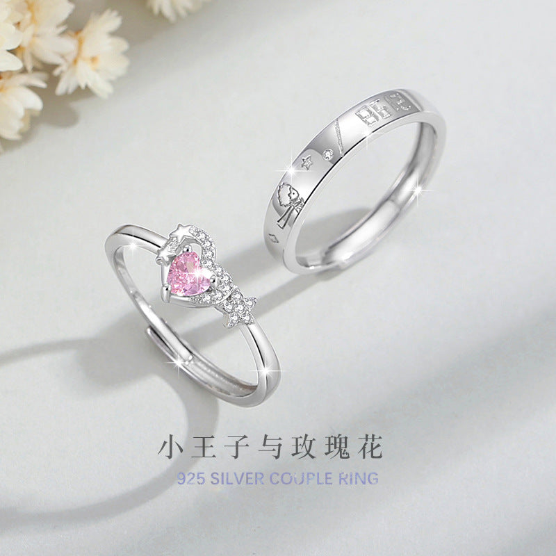 Little Prince and Rose Sterling Silver 925 Couple Ring Men and Women Fashion All-Match Love Ring Star Ring