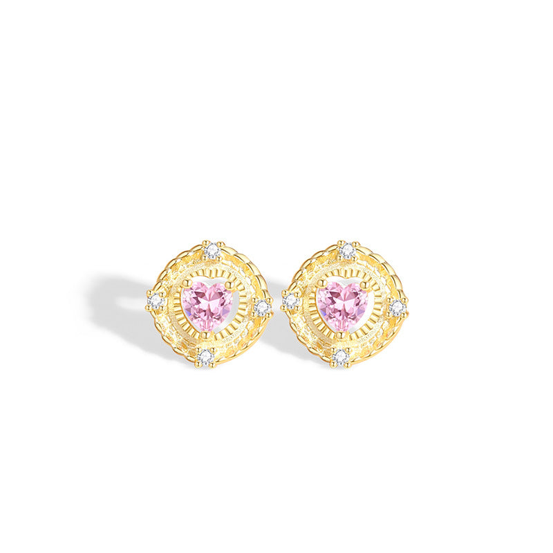 Original Heart-Shaped Sterling Silver 925 Stud Earrings Women's Light Luxury High-Grade Pink Zircon Earrings Ins Style Heart-Shaped Earrings