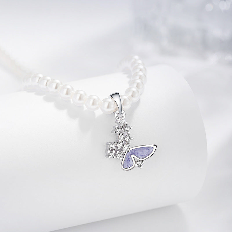 Fantasy Butterfly Sterling Silver S925 Necklace Women's Light Luxury Versatile Shijia Pearl Clavicle Chain Ins Style Zircon Pendant