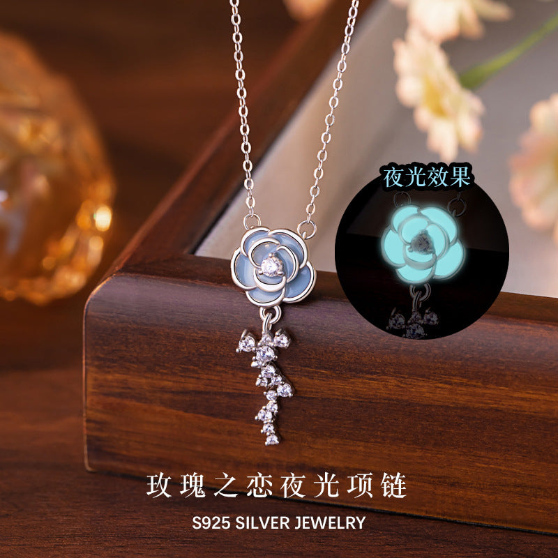 Rose Sterling Silver 925 Luminous Necklace Women's Fashion Versatile Flower Clavicle Chain Ins Valentine's Day Gift Pendant