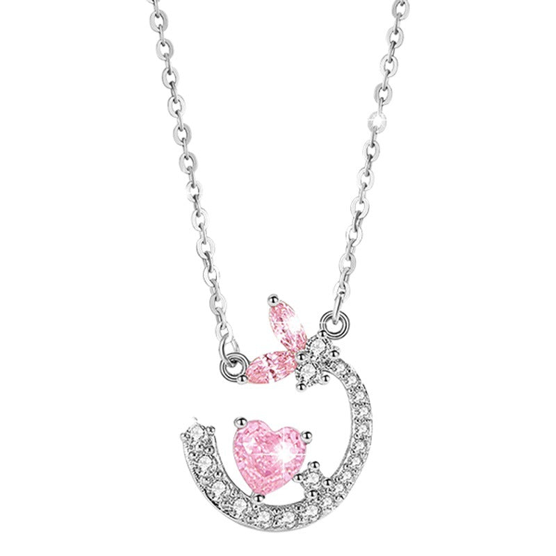 Butterfly Sterling Silver 925 Necklace Women's Fashion Versatile Moon Clavicle Chain 520 Valentine's Day Love Pink Diamond Pendant